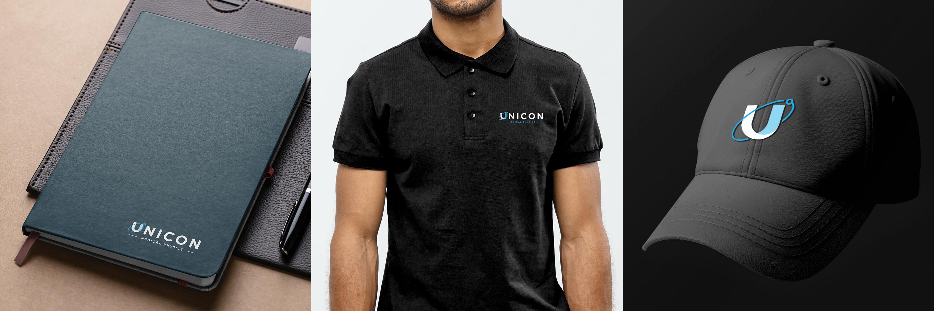Unicon Medical Physics branded collateral media, shirts, hats, padfolio